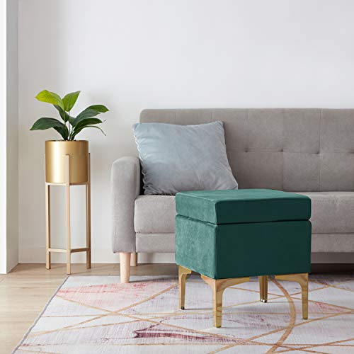 Ornavo Home Madison Modern Contemporary Square Upholstered Velvet Ottoman - Vanity Chair - Gold Metal Legs - Emerald Green