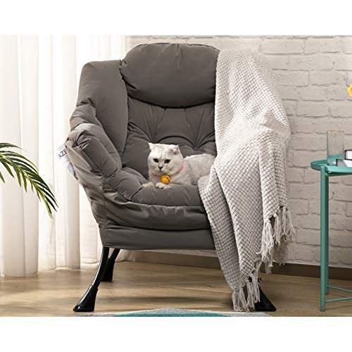 AcozyHom Modern Large Cotton Fabric Lazy Chair，Accent Contemporary Lounge Chair, Single Steel Frame Leisure Sofa Chair with Armrests and A Side Pocket, Nanometer Grey