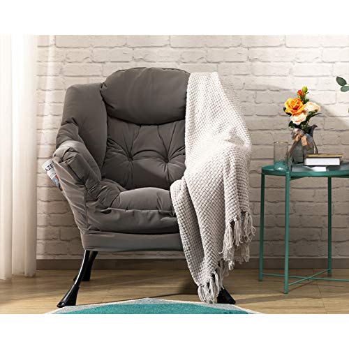 AcozyHom Modern Large Cotton Fabric Lazy Chair，Accent Contemporary Lounge Chair, Single Steel Frame Leisure Sofa Chair with Armrests and A Side Pocket, Nanometer Grey
