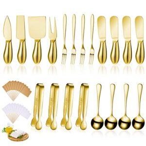 patelai spreader knife set cheese butter spreader knife cheese slicer knife stainless steel blade with handles mini serving tongs spoons and forks for birthday wedding christmas (20, golden)