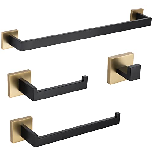 TURS 4-Piece Bathroom Hardware Set Matte Black and Brushed Gold Towel Bar Holder Set Hand Towel Holder Toilet Paper Holder Towel Hooks,Stainless Steel Wall Mounted