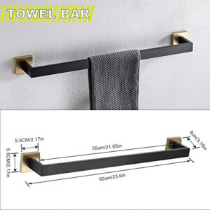 TURS 4-Piece Bathroom Hardware Set Matte Black and Brushed Gold Towel Bar Holder Set Hand Towel Holder Toilet Paper Holder Towel Hooks,Stainless Steel Wall Mounted