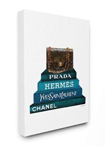 stupell industries dark teal bookstack with brown fashion bag canvas wall art, 24 x 30, multi-color