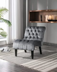 velvet accent lounge chair for living room, modern leisure chair with tufted backrest, indoor armless side chair, upholstered bedroom sleeper chair with solid wood legs, grey