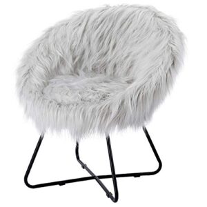 birdrock home grey faux fur papasan chair with black legs – kids bedroom moon chair – comfy wide cushion seat – living room saucer – metal – fluffy round seat – circle