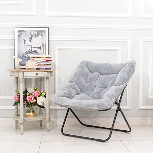 Tiita Saucer Chair, Soft Faux Fur Oversized Folding Accent Chair, Soft Furry Lounge Lazy Chair, Metal Frame Moon Chair for Bedroom, Living Room, Dorm Rooms, Garden and Courtyard