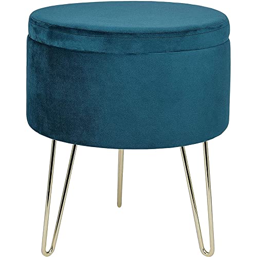 GLOVAL HOME Modern Round Velvet Storage Ottoman Footrest Stool/Seat with Gold Metal Legs & Tray Top Coffee Table,Vanity Stool- (Teal)