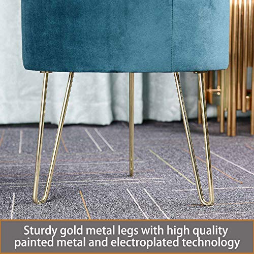 GLOVAL HOME Modern Round Velvet Storage Ottoman Footrest Stool/Seat with Gold Metal Legs & Tray Top Coffee Table,Vanity Stool- (Teal)