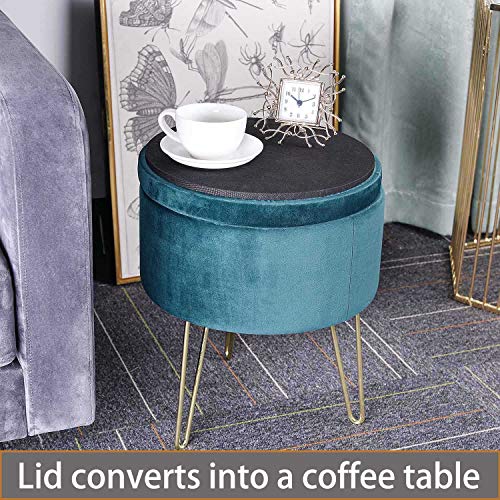 GLOVAL HOME Modern Round Velvet Storage Ottoman Footrest Stool/Seat with Gold Metal Legs & Tray Top Coffee Table,Vanity Stool- (Teal)