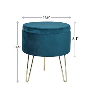 GLOVAL HOME Modern Round Velvet Storage Ottoman Footrest Stool/Seat with Gold Metal Legs & Tray Top Coffee Table,Vanity Stool- (Teal)