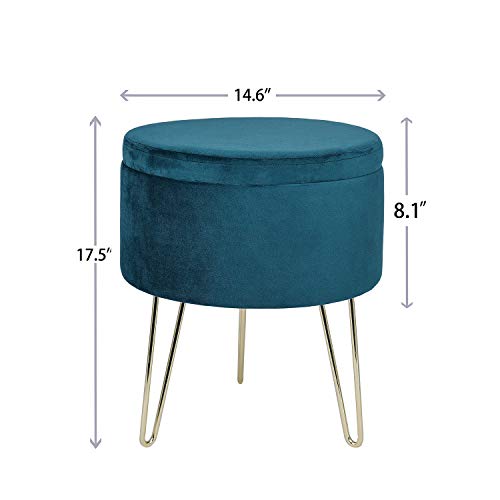 GLOVAL HOME Modern Round Velvet Storage Ottoman Footrest Stool/Seat with Gold Metal Legs & Tray Top Coffee Table,Vanity Stool- (Teal)