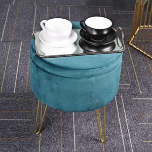 GLOVAL HOME Modern Round Velvet Storage Ottoman Footrest Stool/Seat with Gold Metal Legs & Tray Top Coffee Table,Vanity Stool- (Teal)