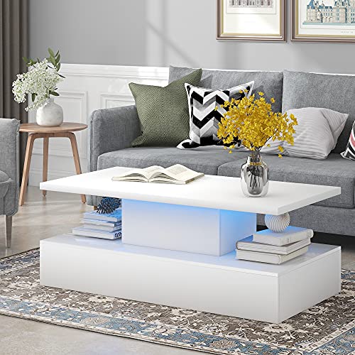 Merax 47.2'' 2-Tier LED Light White Coffee Table, Modern Industrial Design Cocktail Table with 16-Color LED Lighting and a Remote Control for Livingroom