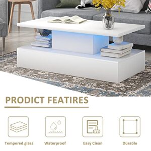 Merax 47.2'' 2-Tier LED Light White Coffee Table, Modern Industrial Design Cocktail Table with 16-Color LED Lighting and a Remote Control for Livingroom