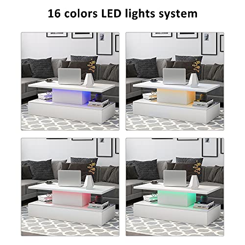 Merax 47.2'' 2-Tier LED Light White Coffee Table, Modern Industrial Design Cocktail Table with 16-Color LED Lighting and a Remote Control for Livingroom