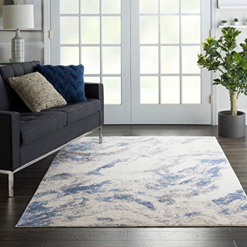 Nourison Silky Textures Distressed Blue/Ivory/Grey 7'10" x 10'6" Area Rug (8' x 11'), 7'10"X10'6",