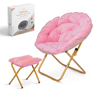 rëlaxia saucer chair with footrest | 31.5×31.5×31.5’’ | fluffy faux fur moon chair with steel legs | foldable comfy chair for bedroom | stylish saucer chairs for adults and kids – pink