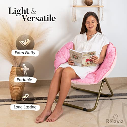 Rëlaxia Saucer Chair with Footrest | 31.5x31.5x31.5’’ | Fluffy Faux Fur Moon Chair with Steel Legs | Foldable Comfy Chair for Bedroom | Stylish Saucer Chairs for Adults and Kids - Pink