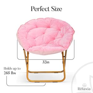 Rëlaxia Saucer Chair with Footrest | 31.5x31.5x31.5’’ | Fluffy Faux Fur Moon Chair with Steel Legs | Foldable Comfy Chair for Bedroom | Stylish Saucer Chairs for Adults and Kids - Pink
