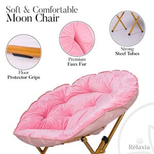 Rëlaxia Saucer Chair with Footrest | 31.5x31.5x31.5’’ | Fluffy Faux Fur Moon Chair with Steel Legs | Foldable Comfy Chair for Bedroom | Stylish Saucer Chairs for Adults and Kids - Pink