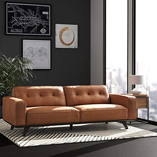 Amazon Brand – Rivet Bigelow Modern Leather Sofa Couch with Wood Base, 89.4"W, Cognac / Espresso