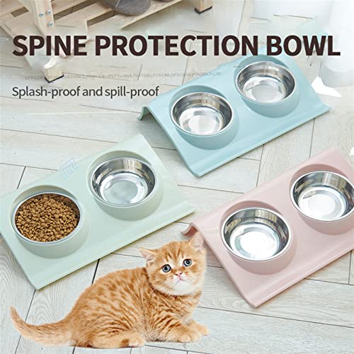 FUUIE Bowls for Food and Water Cat Bowl Double Bowl Pet Stainless Steel Oblique Mouth Rice Bowl Splash-Proof Leak-Proof Cat Food Basin Leak-Proof Water Basin (Color : Blue, Size : Small)