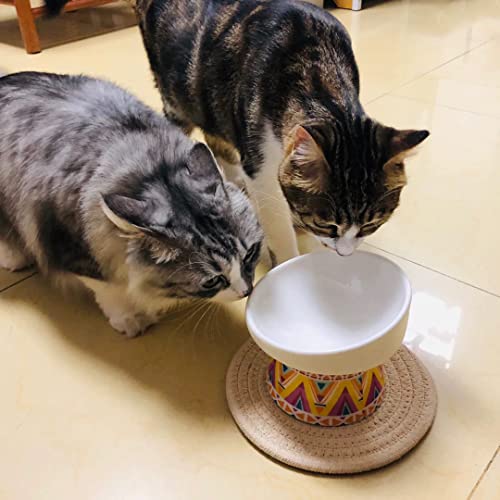 ACSUZ Ceramic Cat Food Bowl with Mat Cervical Protect Pet Food Drinking Bowl Ceramic Bowl Feeders for Pet Supplies,Blue,L