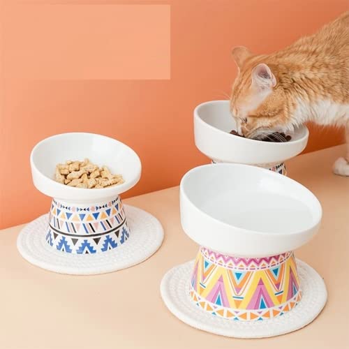 ACSUZ Ceramic Cat Food Bowl with Mat Cervical Protect Pet Food Drinking Bowl Ceramic Bowl Feeders for Pet Supplies,Blue,L