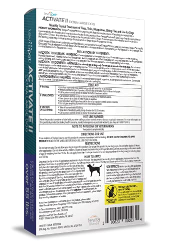 TevraPet Activate II Flea and Tick Prevention for Dogs | 4 Months Supply | Extra Large Dogs 55+ lbs | Fast Acting Treatment and Control | Topical Drops