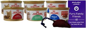 royal canin slices in gravy cat food 3 flavor 6 can sampler, (2) each: adult instinctive, digest sensitive, weight care (3 ounces) – plus catnip toy and fun facts booklet bundle