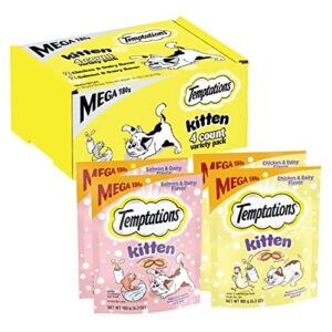 temptations kitten treats, chicken & dairy and salmon & dairy, crunchy and soft treat, 4-pack multipack (6.3 ounce per pack)