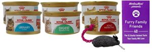 royal canin slices in gravy cat food 3 flavor 6 can sampler, (2) each: urinary care, adult instinctive, digest sensitive (3 ounces) – plus catnip toy and fun facts booklet bundle