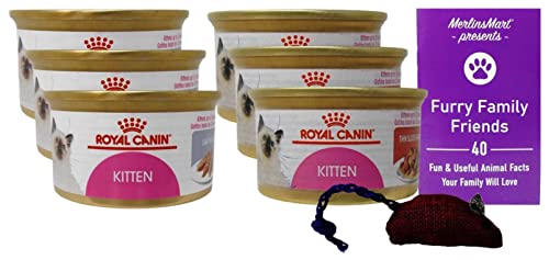 Royal Canin Kitten Food 2 Flavor Textures 6 Can Sampler, (3) Each: Thin Slices in Gravy, Loaf in Sauce (3 Ounces) - Plus Catnip Toy and Fun Facts Booklet Bundle