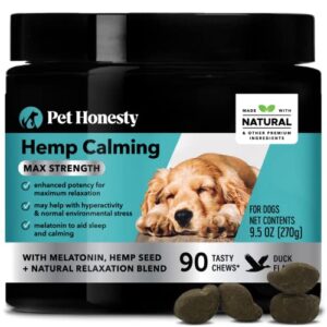 pethonesty hemp calming max strength chews for dogs – all-natural soothing snacks with hemp + valerian root, dog stress & dog anxiousness – helps aid with thunder, fireworks, chewing & barking (duck)