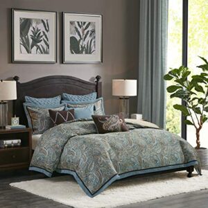 hampton hill lauren king size bed comforter duvet 2-in-1 set bed in a bag – blue, brown , luxurious jacquard paisley – 9 piece bedding sets – ultra soft microfiber bedroom comforters