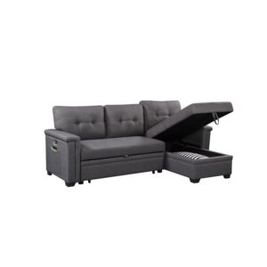 BOWERY HILL Fabric Gray Reversible Sleeper Sofa Storage Chaise with USB Ports