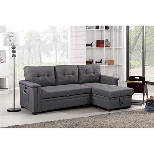 BOWERY HILL Fabric Gray Reversible Sleeper Sofa Storage Chaise with USB Ports