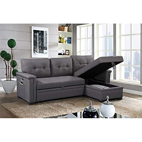 BOWERY HILL Fabric Gray Reversible Sleeper Sofa Storage Chaise with USB Ports