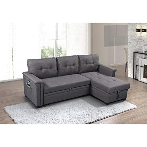 BOWERY HILL Fabric Gray Reversible Sleeper Sofa Storage Chaise with USB Ports