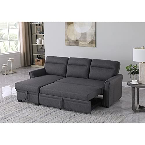 BOWERY HILL Fabric Reversible/Sectional Sleeper Sofa, Pull Out Sleeper Bed with Storage Chaise in Gray