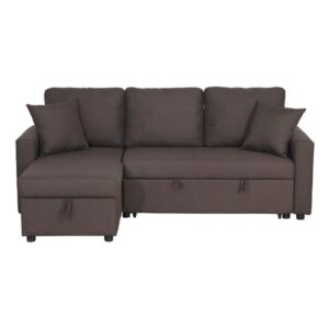 bowery hill sleeper sectional sofa couch with storage and throw pillows, small pull out sofa bed for living room, l shape reversible convertible sofa set for apartment in dark brown
