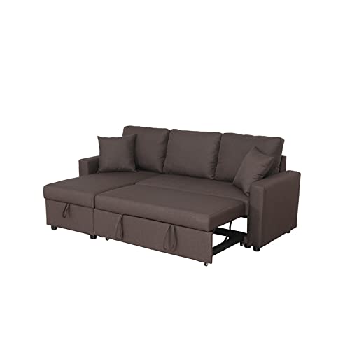 BOWERY HILL Sleeper Sectional Sofa Couch with Storage and Throw Pillows, Small Pull Out Sofa Bed for Living Room, L Shape Reversible Convertible Sofa Set for Apartment in Dark Brown