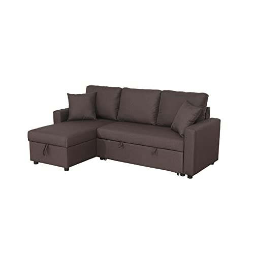 BOWERY HILL Sleeper Sectional Sofa Couch with Storage and Throw Pillows, Small Pull Out Sofa Bed for Living Room, L Shape Reversible Convertible Sofa Set for Apartment in Dark Brown