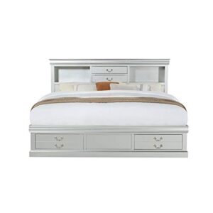 BOWERY HILL Contemporary Queen Bed with Bookcase Headboard and Storage Drawers in Platinum