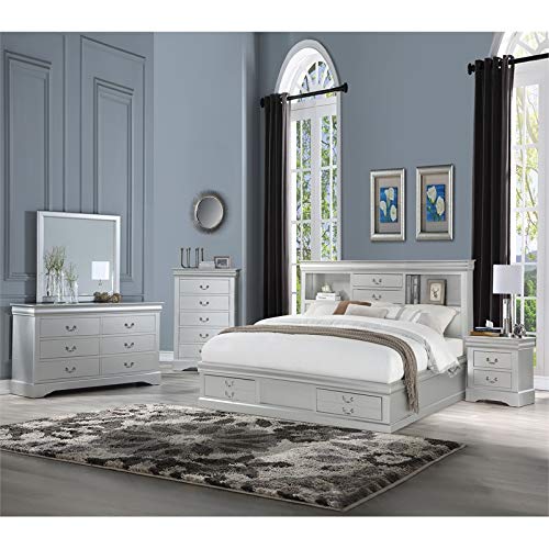 BOWERY HILL Contemporary Queen Bed with Bookcase Headboard and Storage Drawers in Platinum