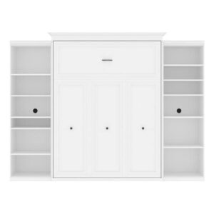 bowery hill vera easy-lift queen murphy wall bed with double bookcase storage in white