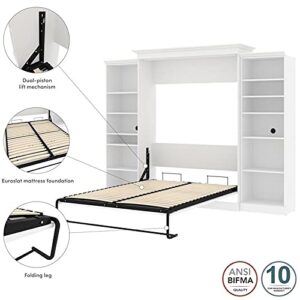 BOWERY HILL Vera Easy-Lift Queen Murphy Wall Bed with Double Bookcase Storage in White