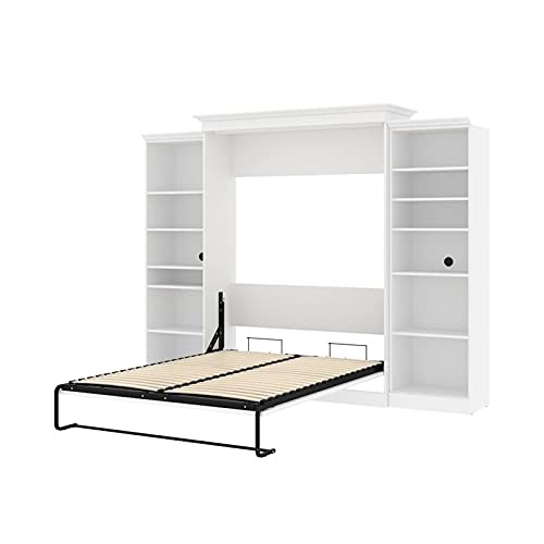 BOWERY HILL Vera Easy-Lift Queen Murphy Wall Bed with Double Bookcase Storage in White