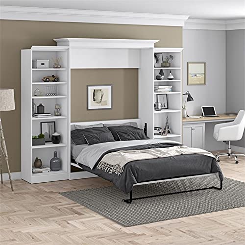 BOWERY HILL Vera Easy-Lift Queen Murphy Wall Bed with Double Bookcase Storage in White