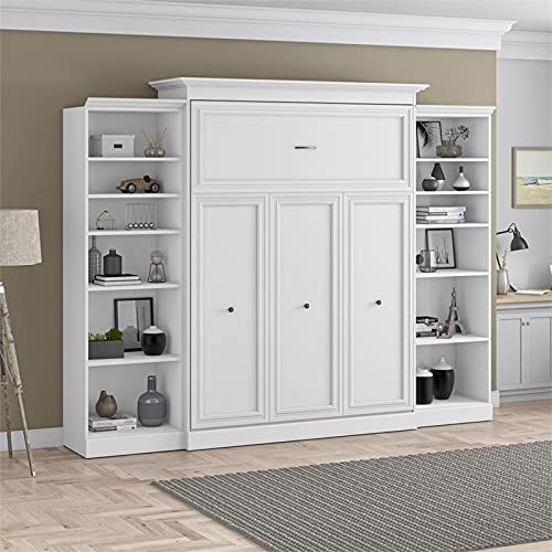 BOWERY HILL Vera Easy-Lift Queen Murphy Wall Bed with Double Bookcase Storage in White